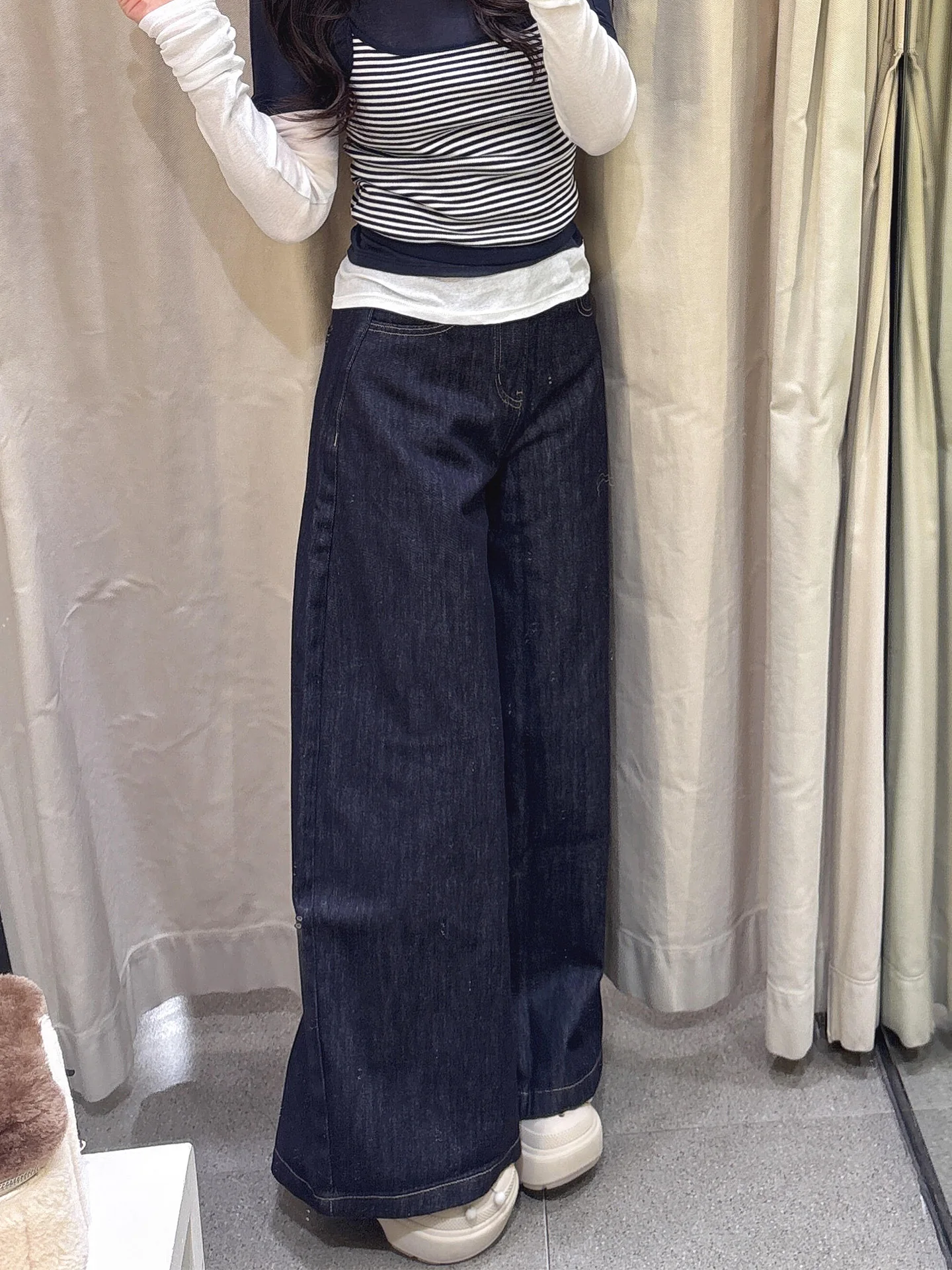 

High Waist Wide Leg Dark Wash American Style Jeans Women's Summer New Small Size Slimming Jeans Retro Pure Color Casual