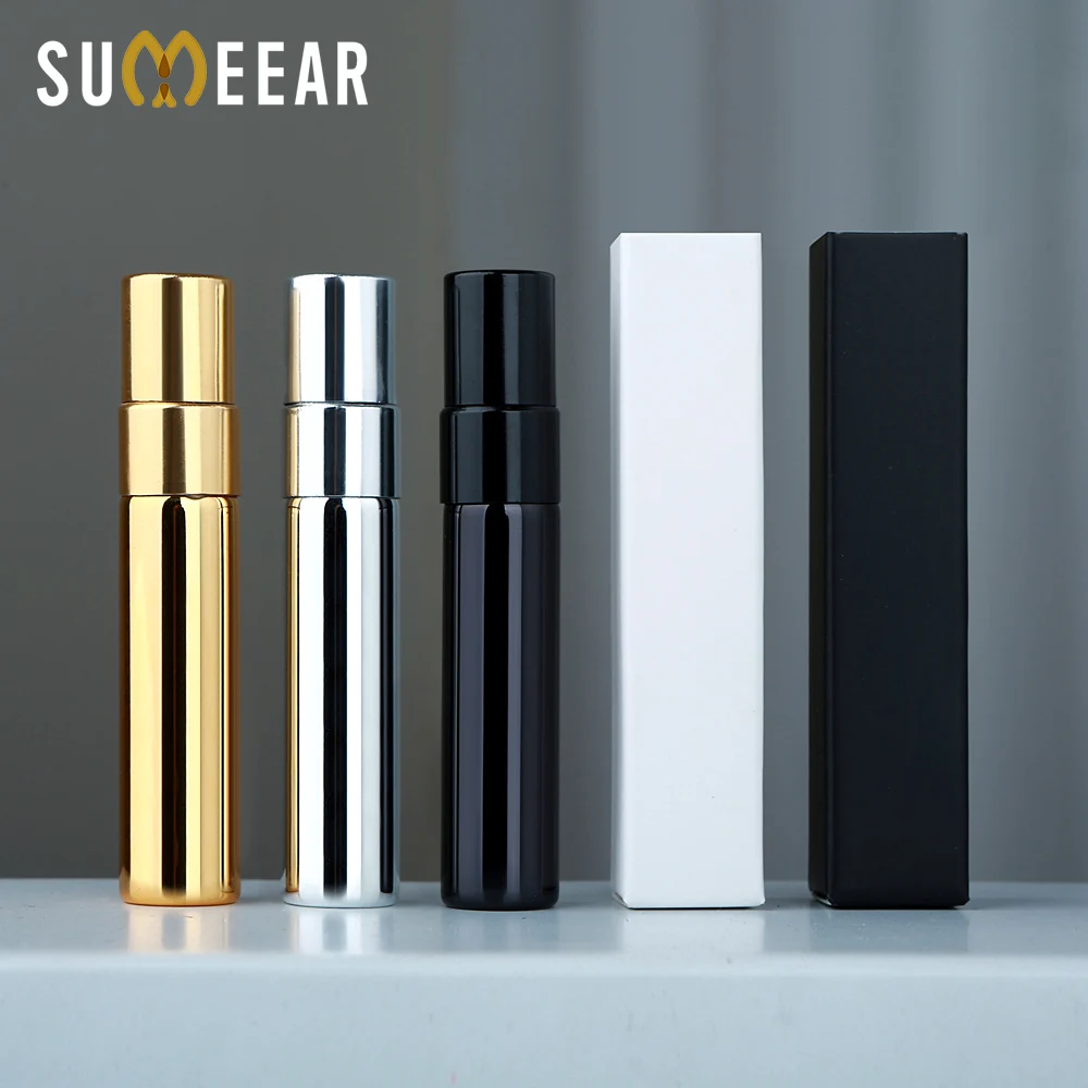 

50/100PCS 5ml perfume bottle electroplated spray bottles in gold, silver and black colors for perfume dispensing, with boxes.