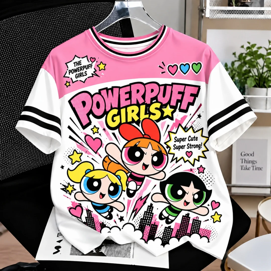 Powerpuff Girls Cartoon T-Shirt Unisex 3D-Druck Farbblock-Streifen-Manschette Kurzarm-T-Shirt Süße Anime-Freizeit-Oberteile Kinder-T-Shirt ﻿ – Detail 2