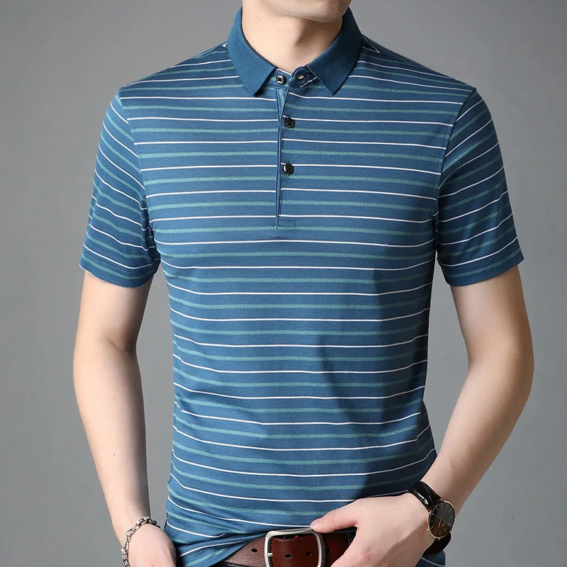 New Summer Striped Men's Polo Shirts Luxury Mulberry Silk Short Sleeve Business Casual Male T-shirts Simple Golf Man Tees 3XL