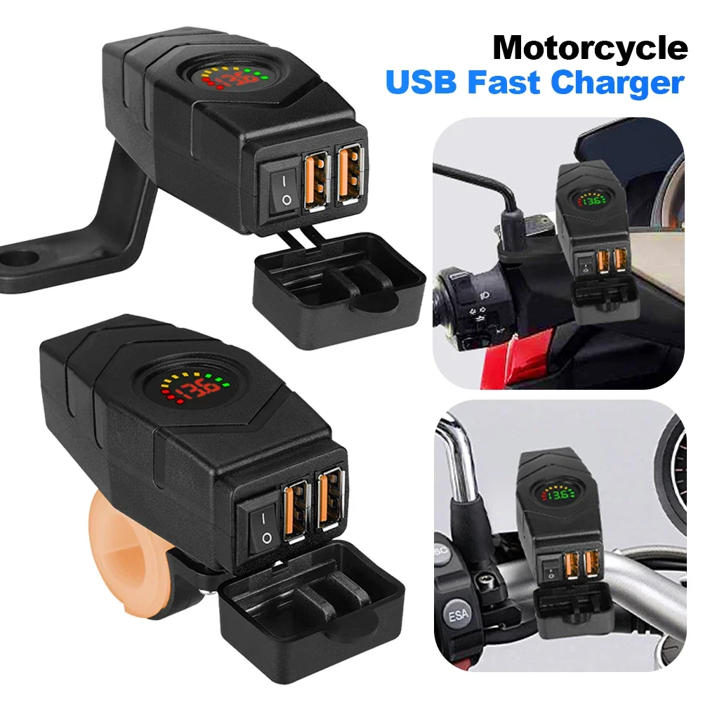 

36W QC3.0 E-bike Handlebar USB Charger with Switch Dual USB Fast Charging Adapter Waterproof Cover 12-24V Motorcycle Accessories
