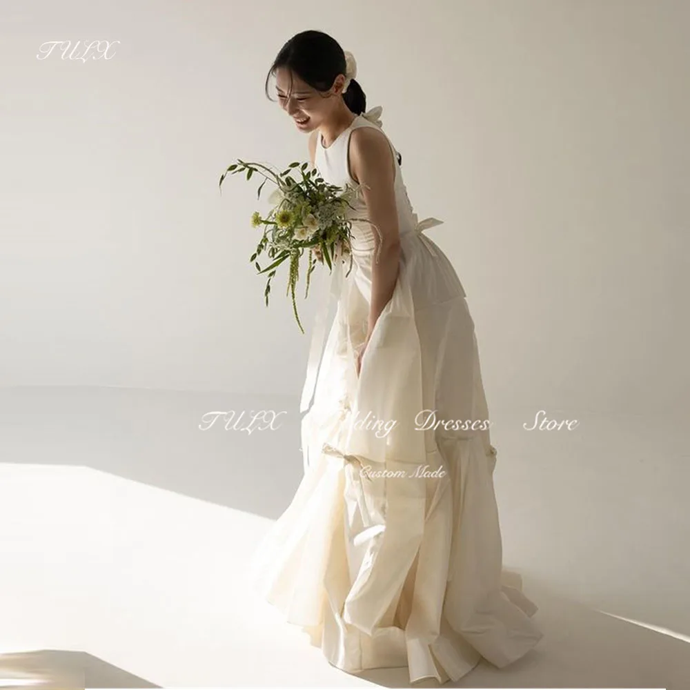 TULX Korea Wedding Dresses Ruched Tiered Cut Out Back Wedding Photography Gowns O Neck Sleeveless Floor Length Robe de marriage