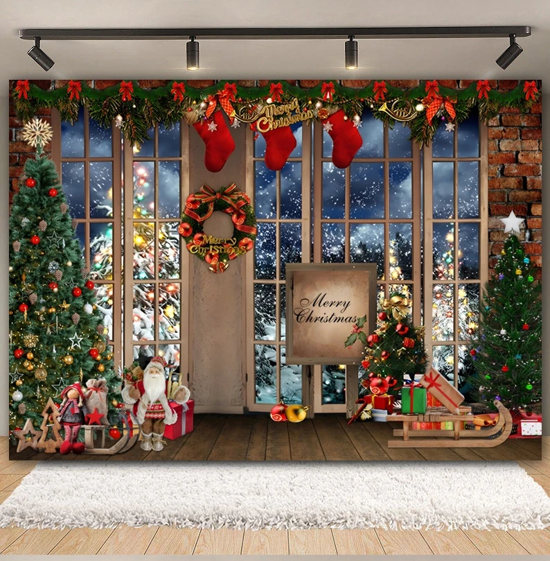 Christmas Backdrop Xmas Tree Gifts Snowflake Window Brick Wall Barn Door Winter Adults Baby Family Party Photography Background