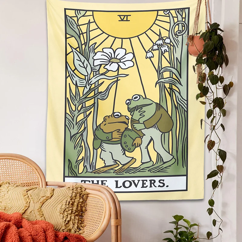 1 Stück psychedelischer Frosch-Tarot-Wandteppich – The Lovers Sunflower Design, botanische Hippie-Wandkunst für Wohnzimmer/Schlafzimmer/Wohnheim