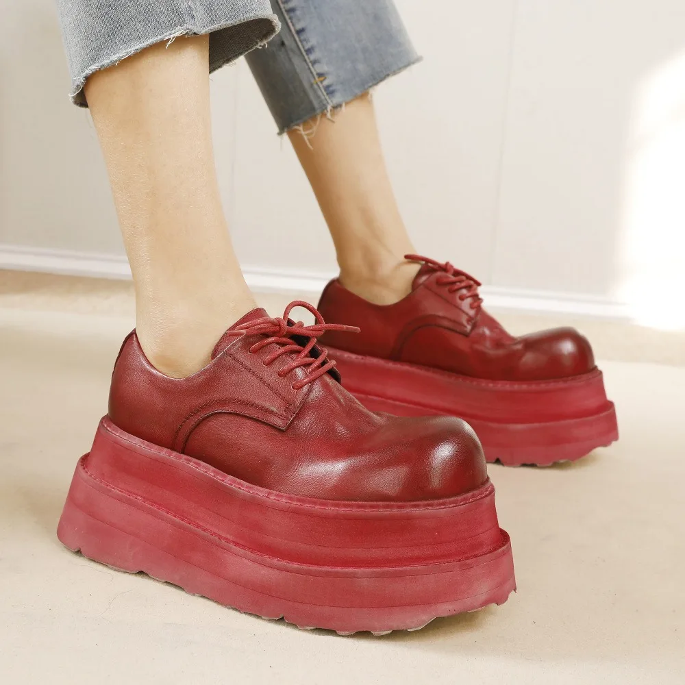 

Birkuir Retro 7.5cm Super High Heels Wedges Shoes Women Flat Platform Thick Heels Shoes Genuine Leather Luxury Lace Up Shoes