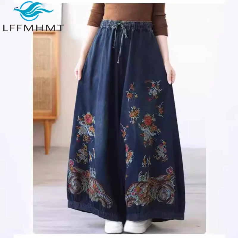 Flower Print Women's Spring Fall Denim Pants Heavyweight China Vintage Embroidery Loose Casual Elastic Waist Wide Leg Trouser