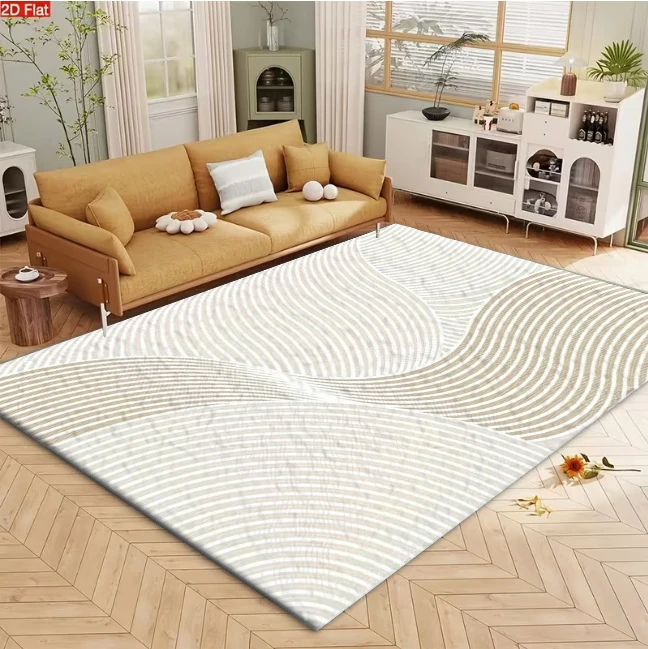 Neutral Beige Wavy Line Abstract Pattern Carpet Cream Color Grayish White Non-Slip Carpet Mat Suitable for Living Room Bedroom Home Decoration
