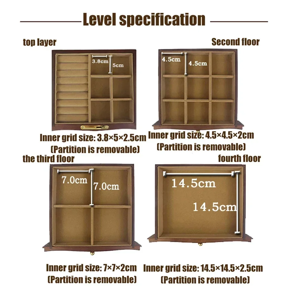 YB Wooden Jewelry Box with Drawers Four Layers Jewelry Box Multi Functional with Lock Storage Boxes and Organizers Holiday Gifts