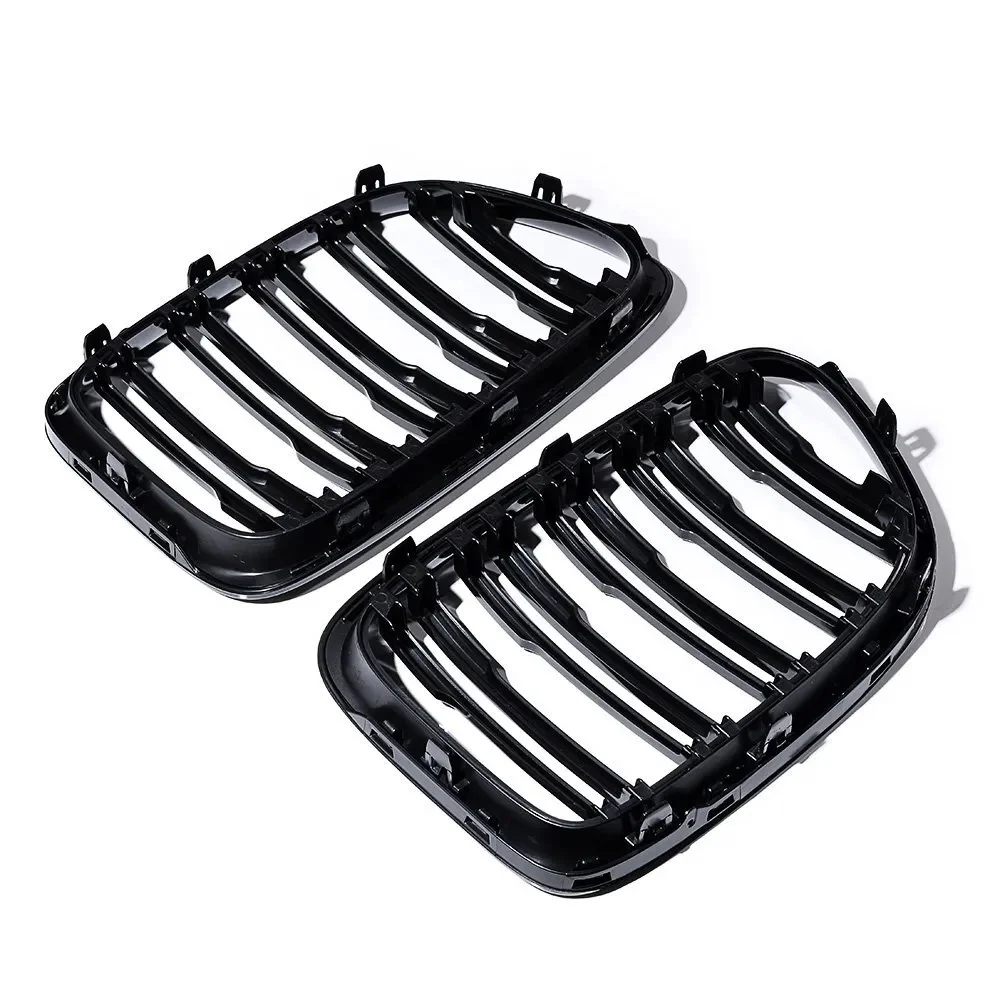 2Pcs Car Grille Double Line Front Bumper Kidney Grille Compatible For E84 X1 18i 20i 25i 28i 2009-2015 Auto Accessories