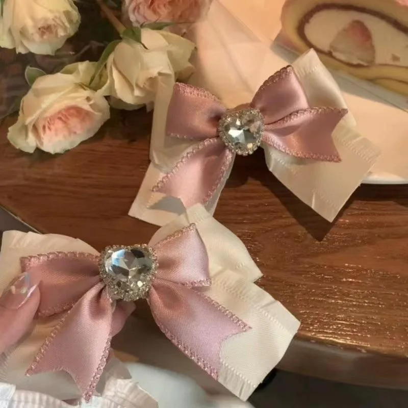 Pinza para el pelo para niña, pasadores rosas a la moda, cinta para el pelo con lazo, horquilla con lazo en forma de corazón y diamantes, accesorios