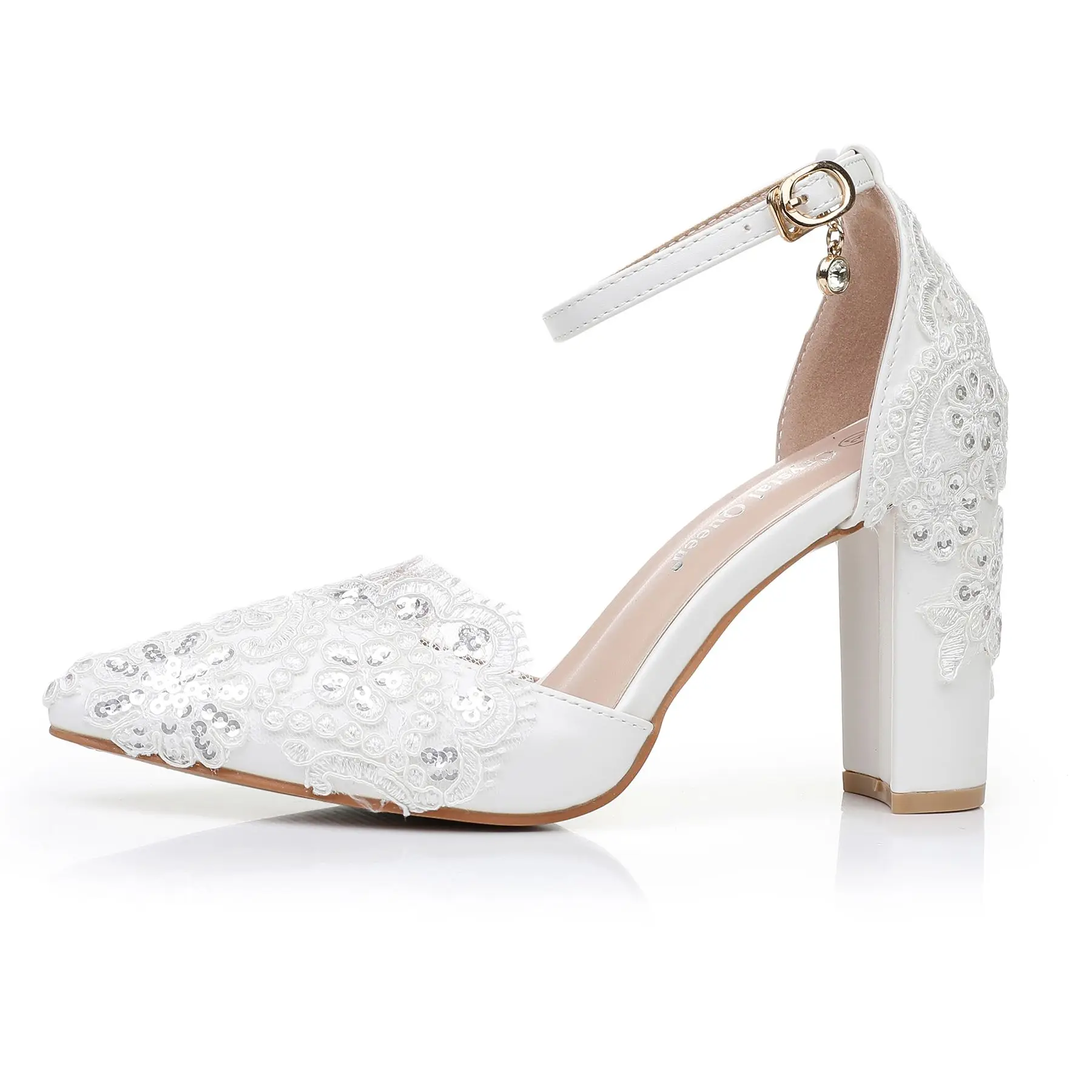 Women Flower Sandals Pointed Toe Pumps Dress Party Square High Heels White Lace Sequin Weding Shoes