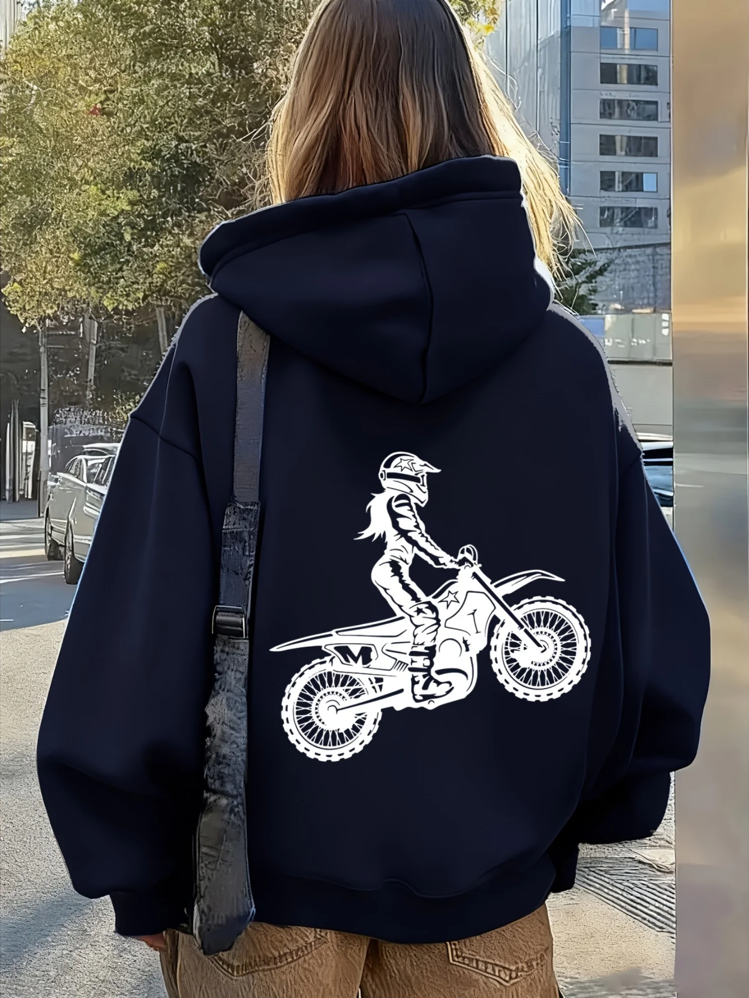Autumn Winter Women'S Hooded Winter with Added Warmth This Versatile Dark Motorcycle Silhouette Printed Hoodie