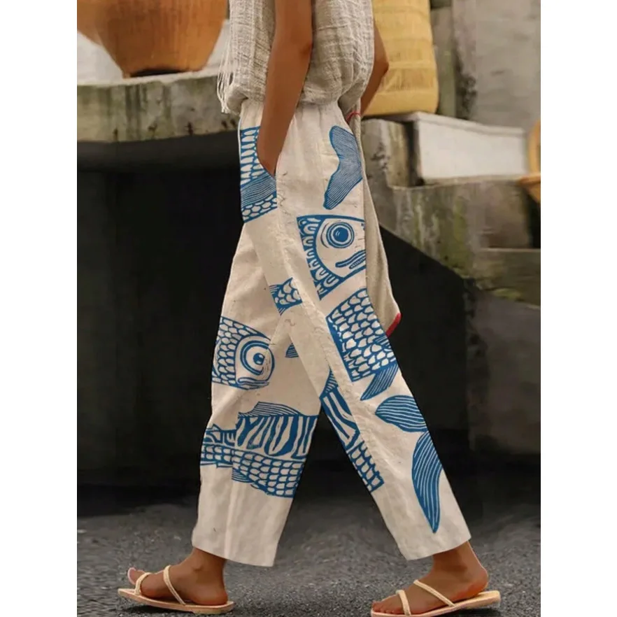 

Весенне-летние повседневные свободные пляжные брюки прямого кроя с эластичным поясом, с принтом, для женщин среднего возраста