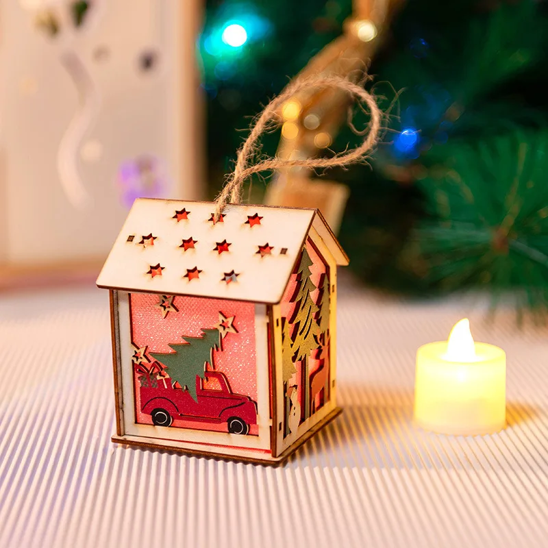 Casa de Navidad DIY, decoración de casa hecha a mano, adornos de cabina de madera brillantes, árbol de Navidad, muñeco de nieve, juguetes para niños