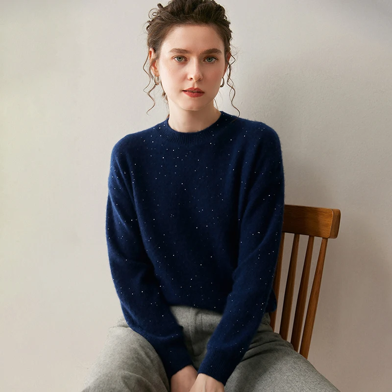 Autumn/Winter New Women's 100% Pure Cashmere Pullover Casual Solid Glitter Knitted Sweater Loose Round Neck Tops Warm Jumper