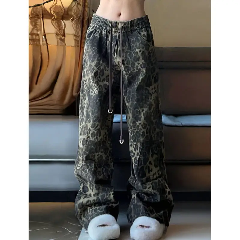 Deeptown Vintage Baggy Leopard Jeans Woman Spring Streetwear Gyaru Harajuku Wide Denim Pants Casual Trashy Y2k Loose Trousers