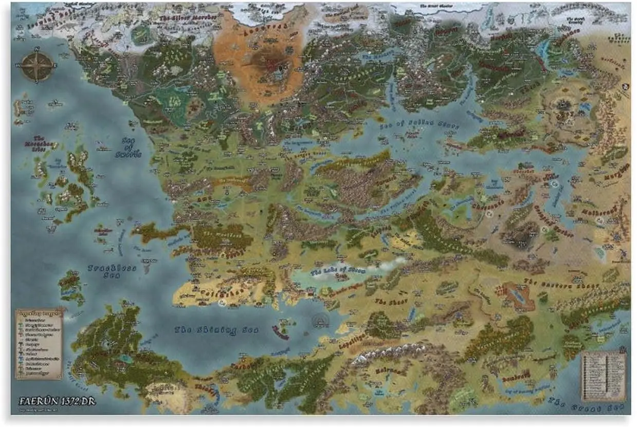 1w,WRITTER Forgotten Realms Faerun Map Poster Canvas Poster Wall Art Decor Print Picture Paintings for Living Room Bedroom Decor