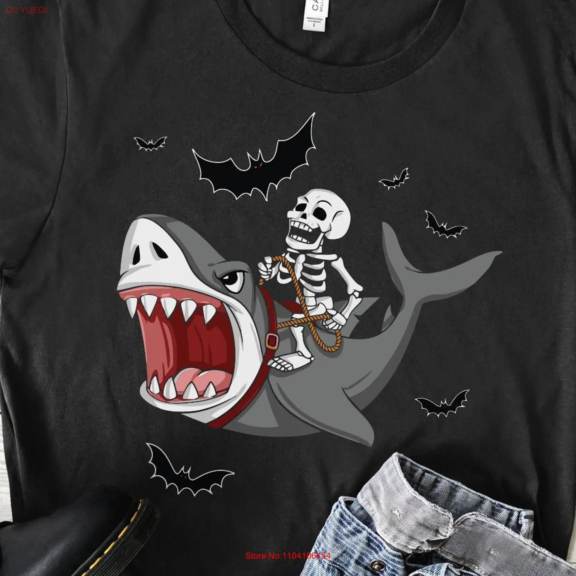 T Shirt Cadeau Halloween Squelette Requin Humour Homme Femme Ado Personnalisé France long or short sleeves