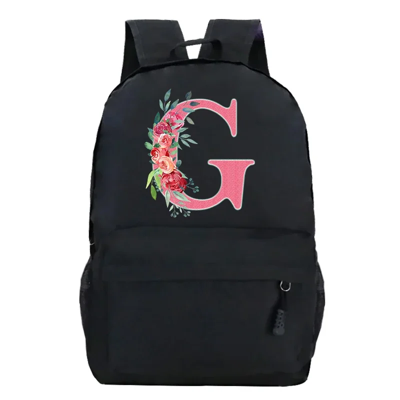 

26 Alphabet Pink Floral Backpack for Girl School Bag Teenager Canvas Laptop Back Pack Women Rucksack English Alphabet Backpack