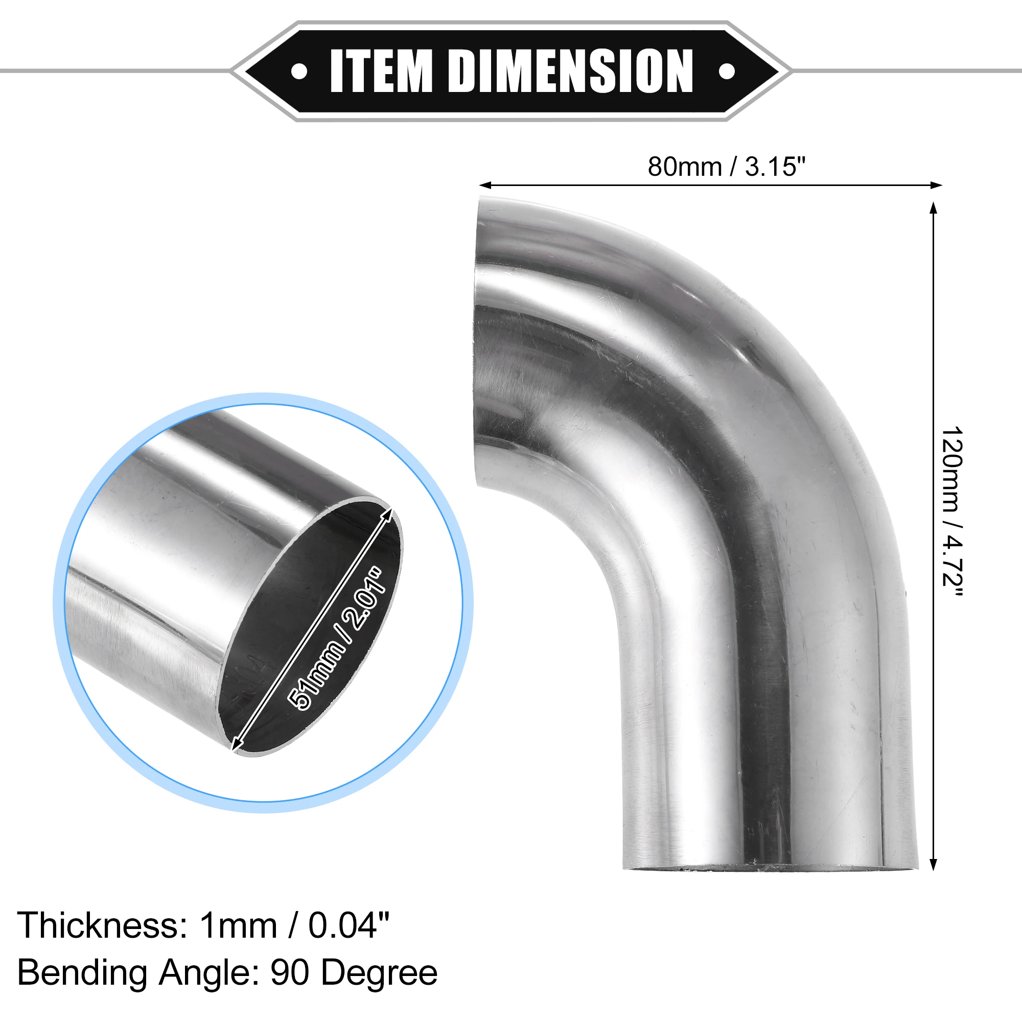 Coude Tuyau Échappement 90° 76mm (3'') 304 Inox - 200mm Jambe - Pour Custom & Modification DIY Voiture
