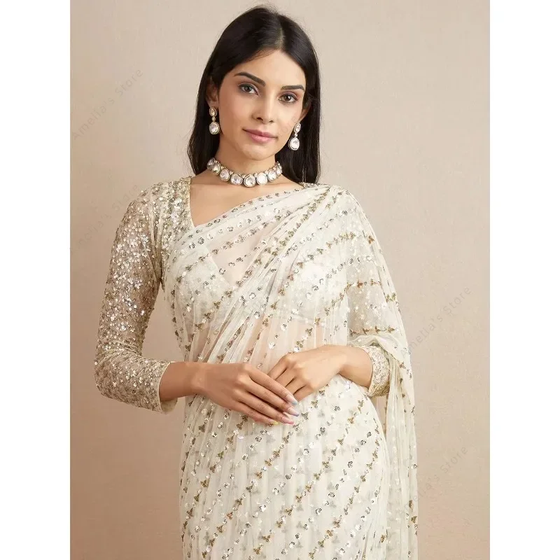 ساري هندي تقليدي للنساء زي رقص عرقي مطرز أداء بوليوود ساري مرحلة الزي فستان الهند بدون قطع علوية