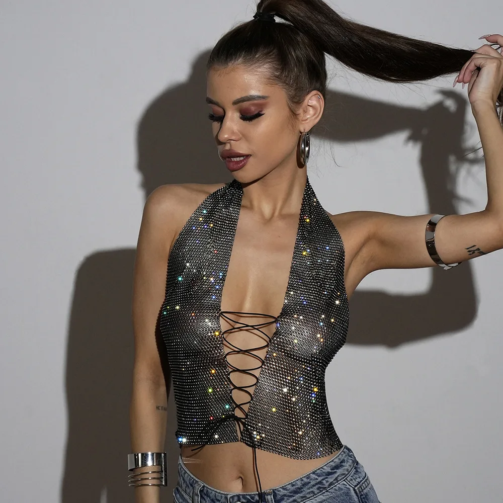 Women Lace-Up Rhinestone Fishnet Cami, Sexy Diamond Spaghetti Strap Tank Top