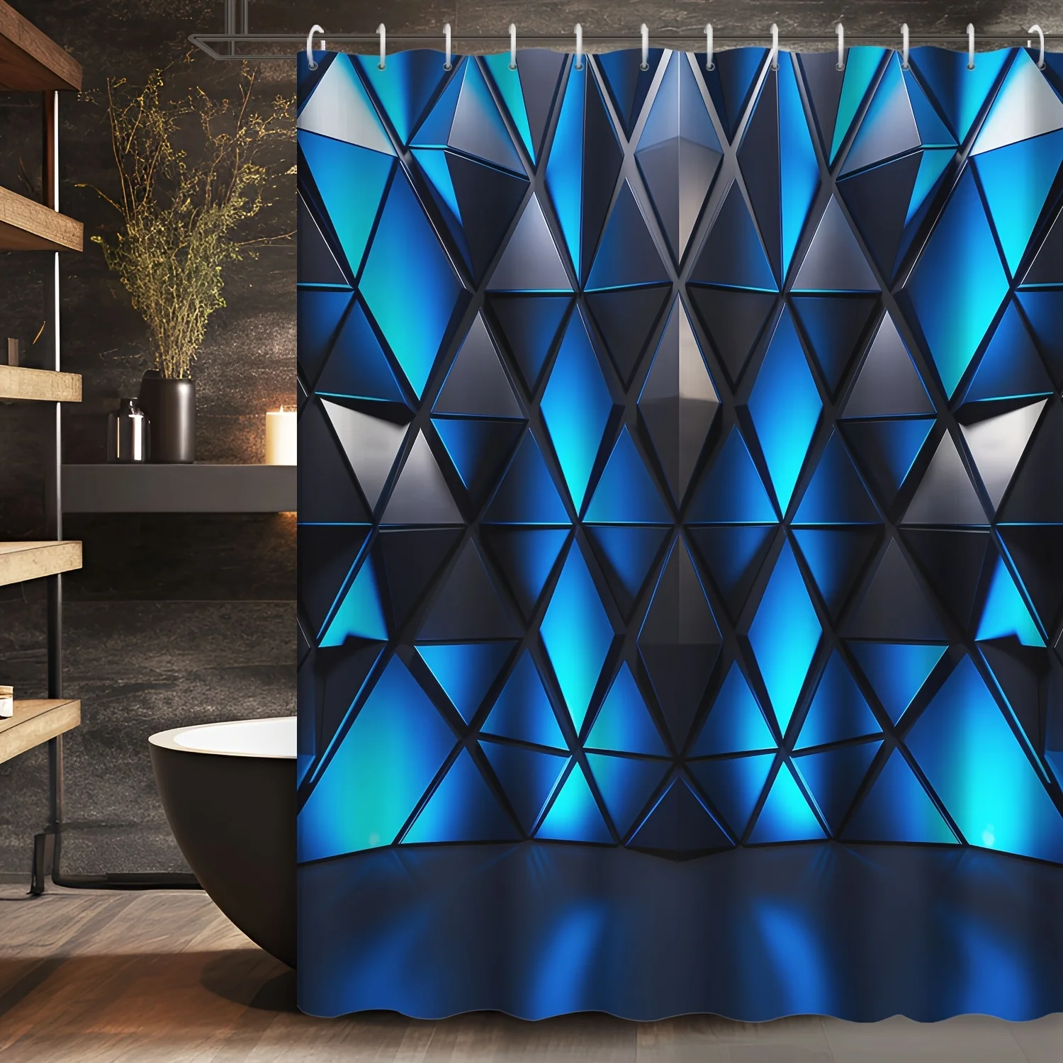Simple Geometry Abstract Sci-Fi Blue Square Pattern Shower Curtain Modern High Definition Print Bathroom Decor with Hooks