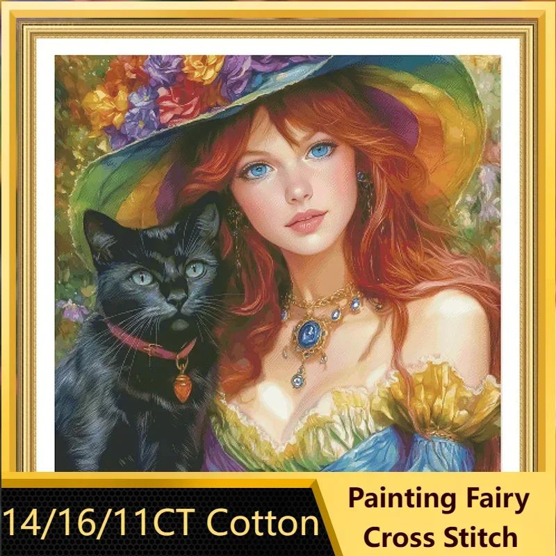 [ZZ8340-Black Cat and Witch] Stamped Cross Stitch Kit 11CT 14CT 16CT 18CT Printed Canvas Cotton Thread DIY Embroidery Wall Decor
