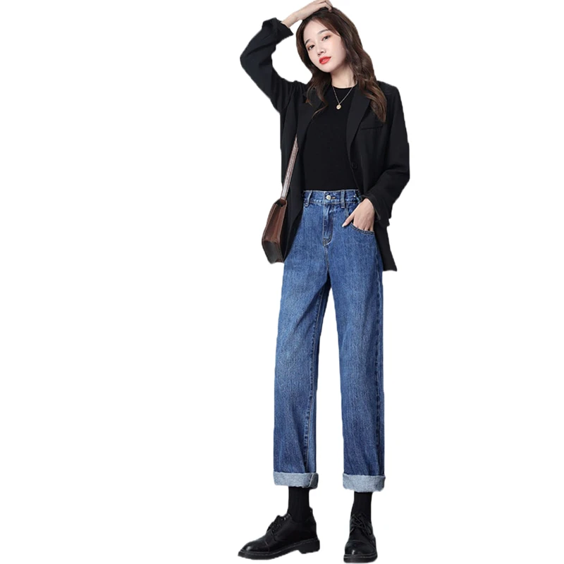 Women Blazer Denim Pants 1 or 2 Piece Set 2023 Spring Autumn Korean Lady Casual Loose Black Suit Coats High Waist Jeans Outfits