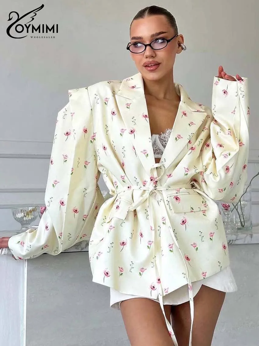 Oymimi Casual Yellow Print Women's Shirt Fashion Long Sleeve Lace-Up Shirts Elegant New Pockets Loose Blouses Female Clothing