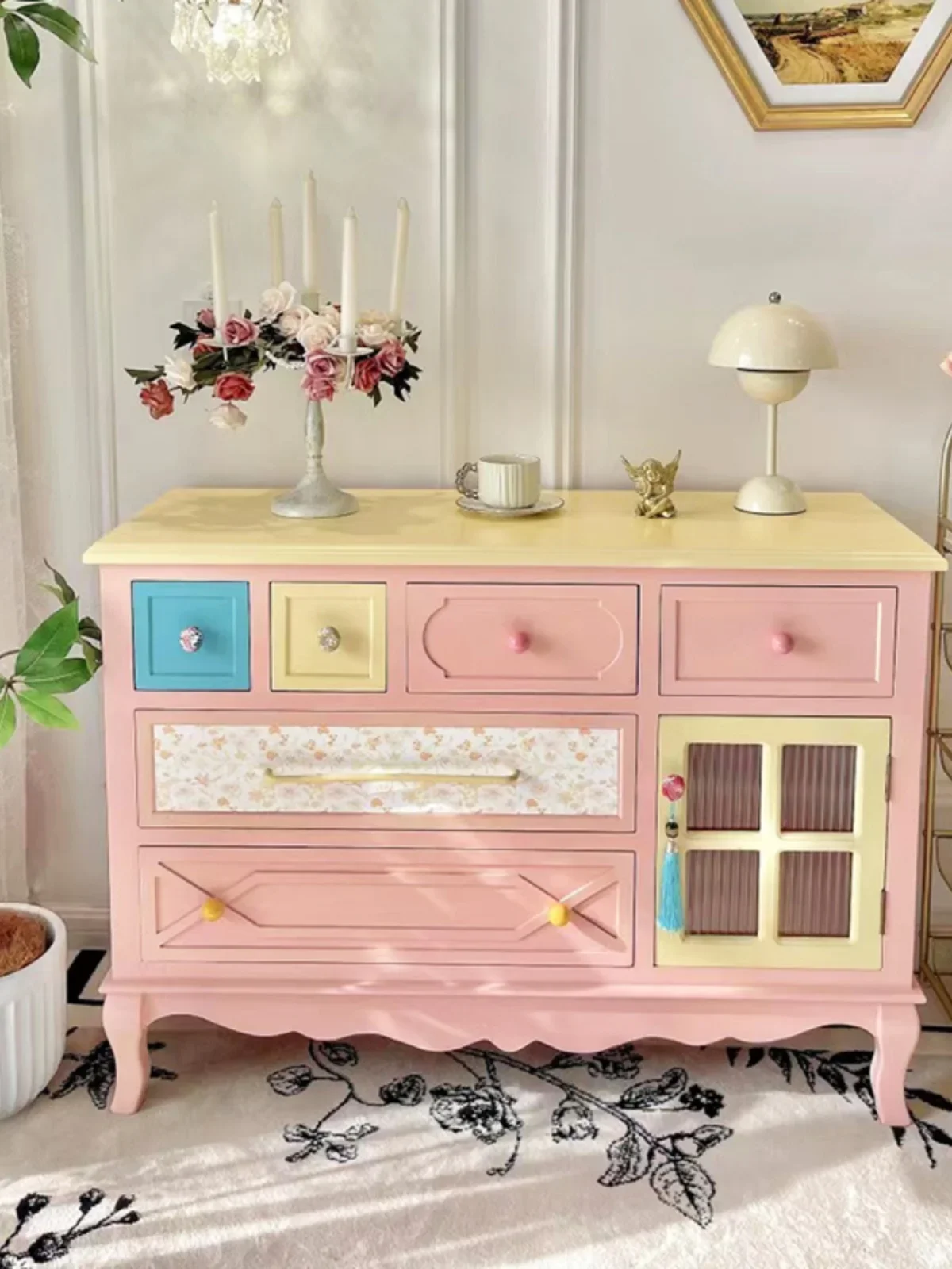 

Dopamine chest solid wood painted decorative cabinet bedroom storage living room French storage porch cabinet side cabinet