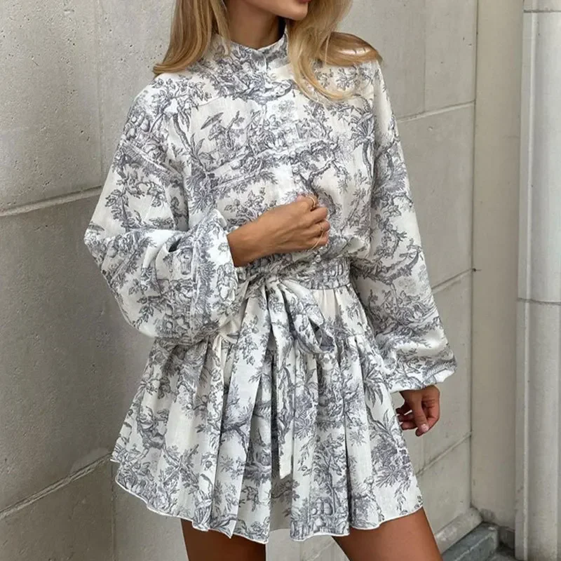 

White Elegant Mini Shirt Dress Women Fashion Ruffles Lantern Sleeve Dresses For Women Vintage Print Lace Up Robe Femme Платье