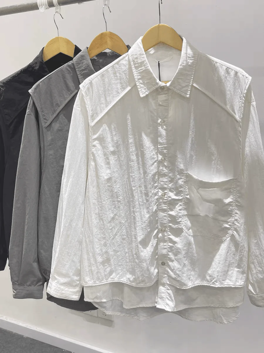 قميص رجالي فضفاض بأكمام طويلة على الطراز الأوروبي، ياقة بيضاء، تصميم عصري صيفي بحافة مستديرة، مصنوع من نسيج البوليستر #1