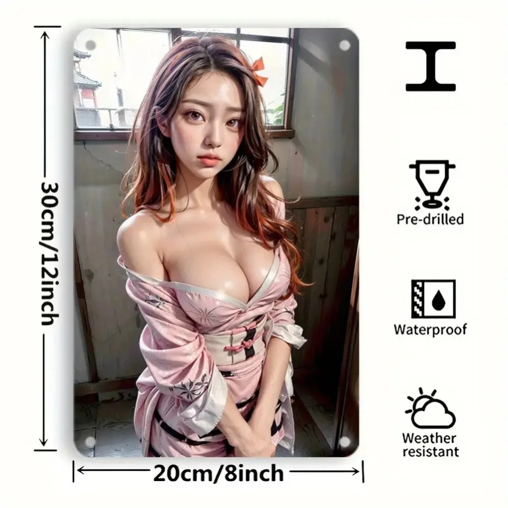 Vintage Elegant Asian Woman Metal Tin Sign - Retro Graceful Girl with Wavy Brown Hair & Orange Bow in Pink Off-Shoulder Floral E