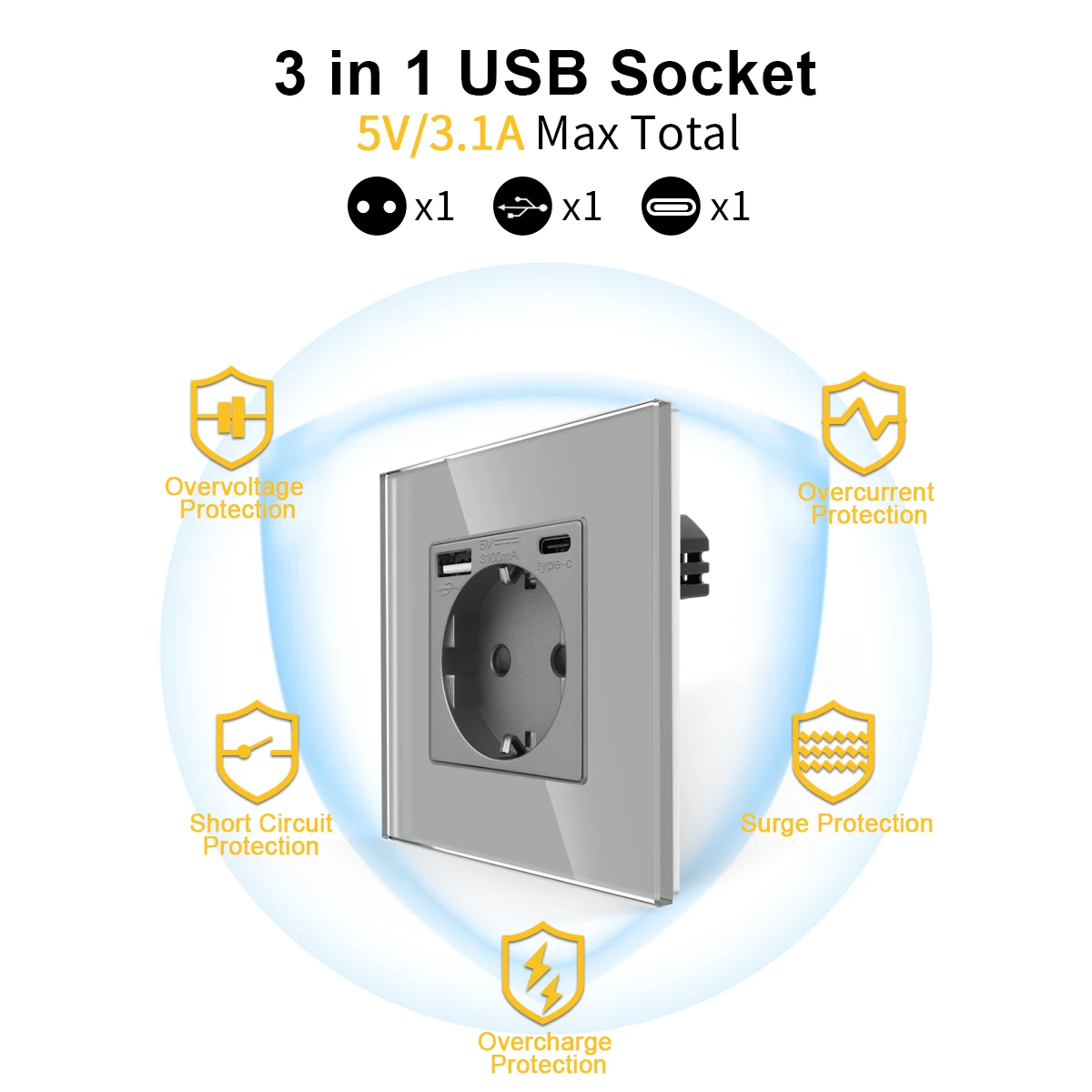 Bingoelec EU Russia Standard Wall Socket with Daul USB Electrical Outlet TypeC Plug Grey Crystal Glass Panel Power Socket