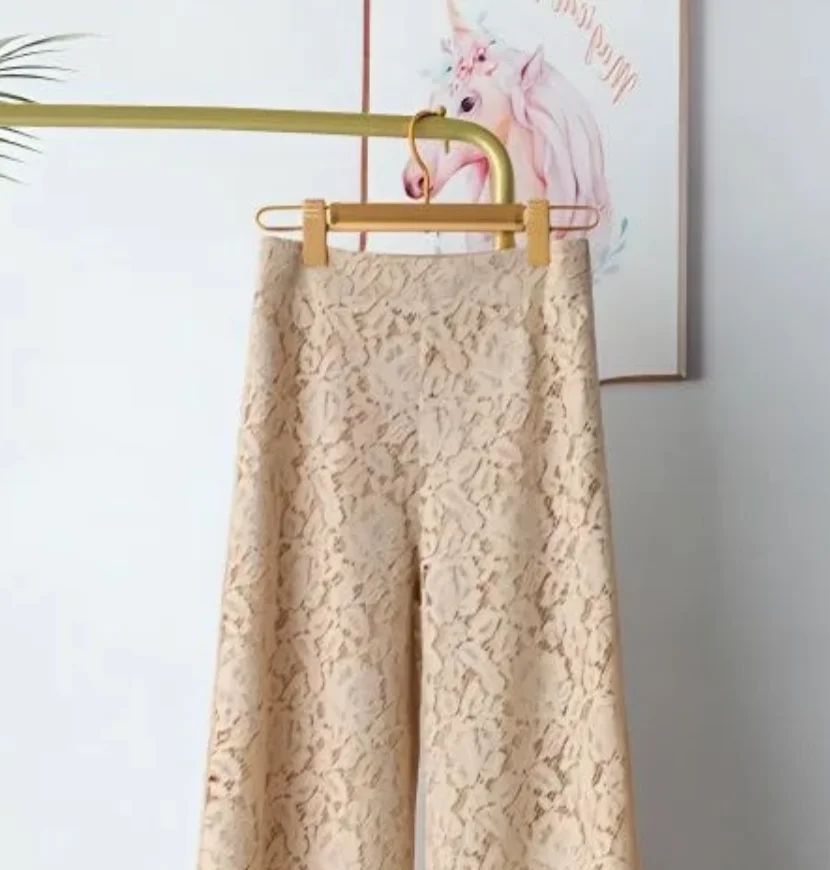 

Lace Wide Leg Pants Women Solid Spring Summer Elegant Pantalones Korean Fashion Ankle Length Trousers