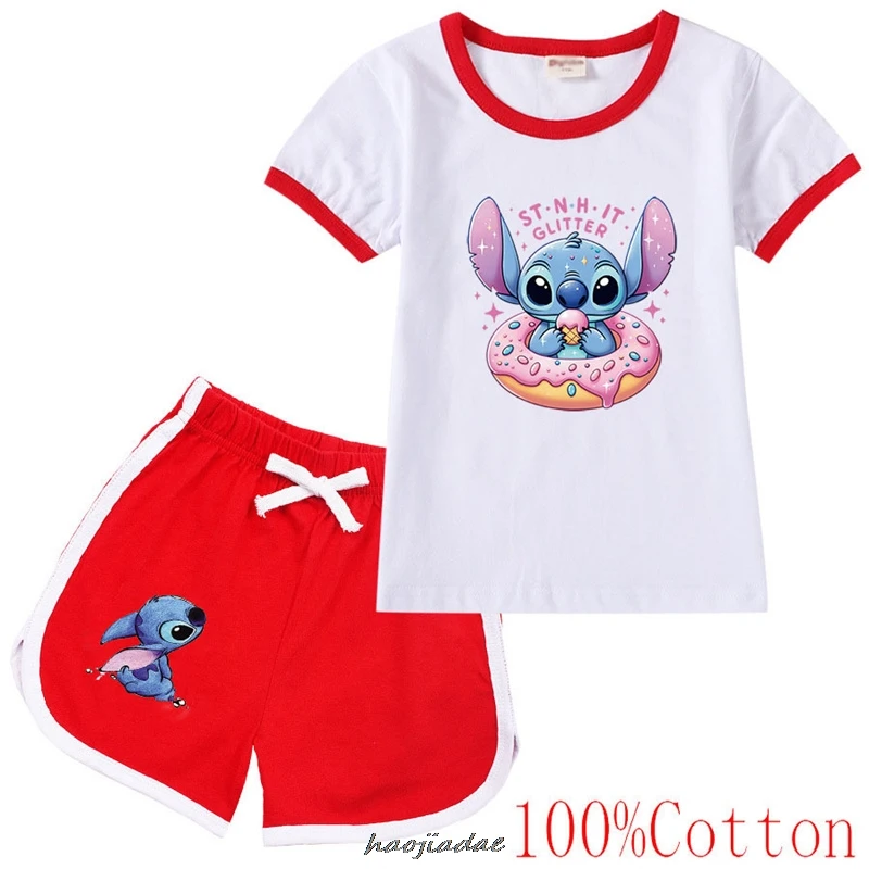 Vêtements de sport CAN o and Stitch pour enfants, t-shirt à manches courtes et shorts trempés, mode décontractée, dessins animés, filles, garçons, été, ensemble de 2 pièces