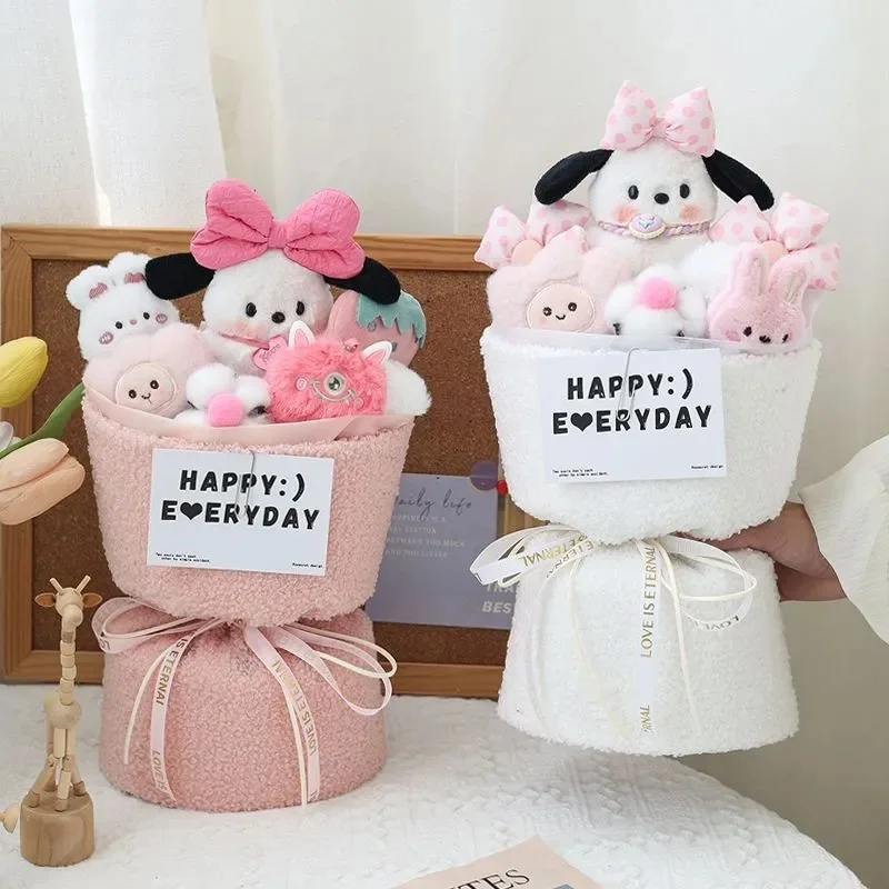 Hot Sanrio Bow Knot Pochacco Plush Dolls Bouquet Flower Girls Creative Valentine's Day Kawaii Cartoon Graduation New Year Gifts