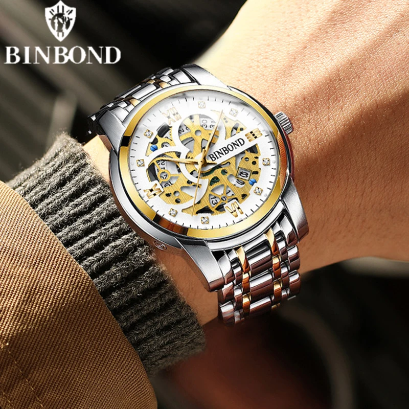 BINBOND B6656 New Automatic Non-Mechanical Quartz Watches 30M Waterproof Luminous Tourbillon Trendy Hollow Design Men Watches