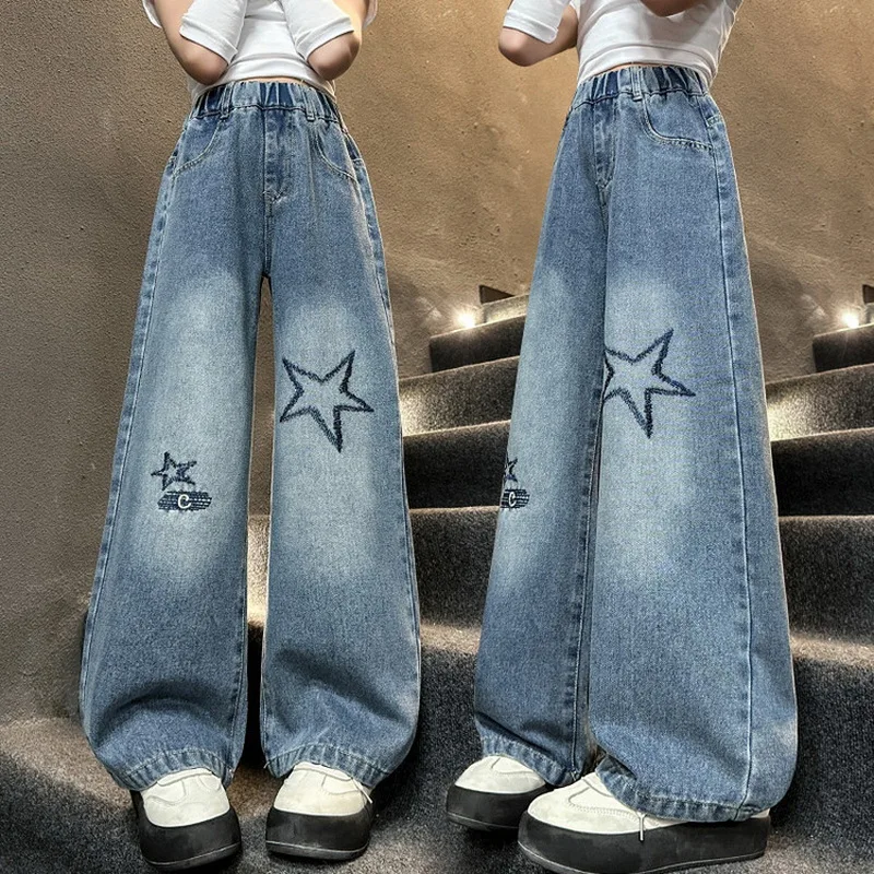 New  Autumn Teenager Girls Jeans with Five-Pointed Star Pattern Children Wide Leg Denim Pants Spring Baggy Trousers for Kids