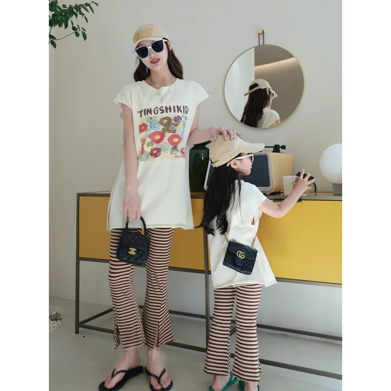 Family Summer Korean Style Set Mother and Daughter Casual Vest Split Top Striped Flared Pants Cream Set
