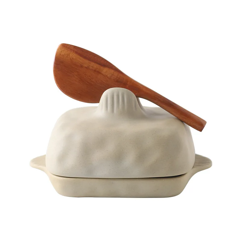 

1pc Creative Coarse Pottery Butter Box Handmade Texture Rectangular Ceramic Butter Dish with Lid with Wooden Knife