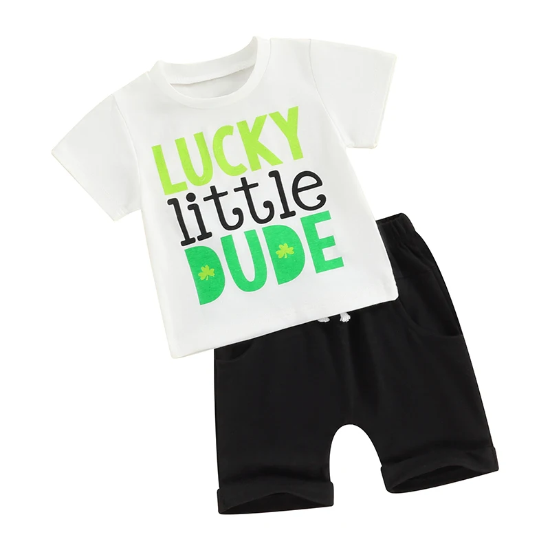 

Baby Boy Irish Clothes Short Sleeve Letter Print T-Shirt with Elastic Waist Shorts 2Pcs Outfit