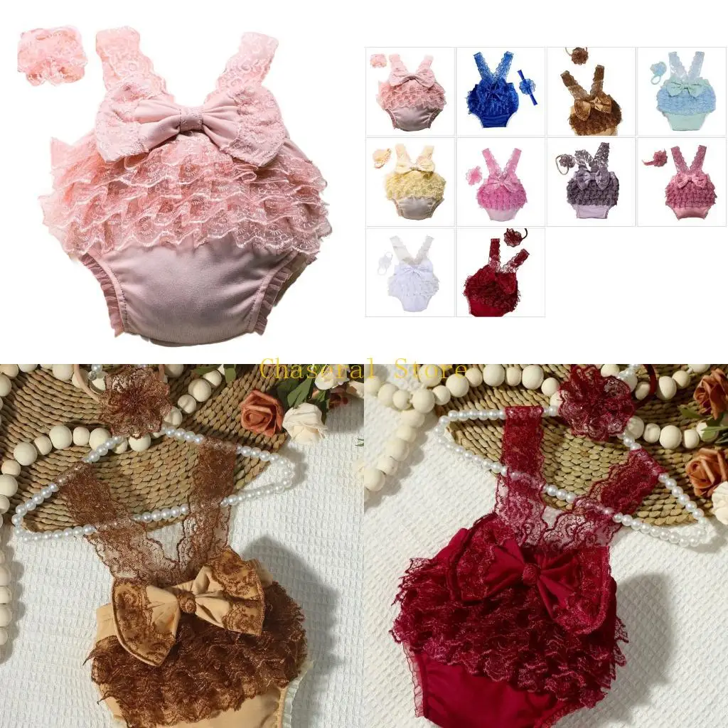 E7CE Elegant Lace Romper And Headwear For Newborns Photo Safe Photo Props