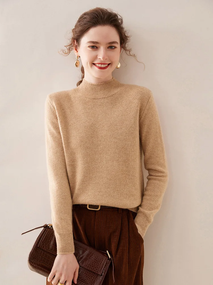 

Long Sleeve Women Sweater Mock-neck Pullover Autumn Winter100% Cashmere Pure Color Knitwear Feamle Clothing Bottom Shirt Tops