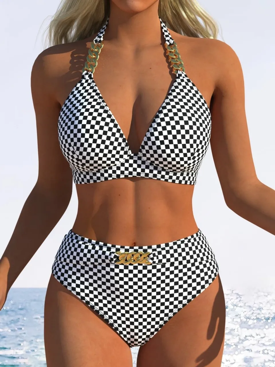 Sexy Halter Chain Linked Bikini 2026 Women High Waist Triangle Swimsuit Female Printed Swimwear Bathing Swimming Suit Beachwear