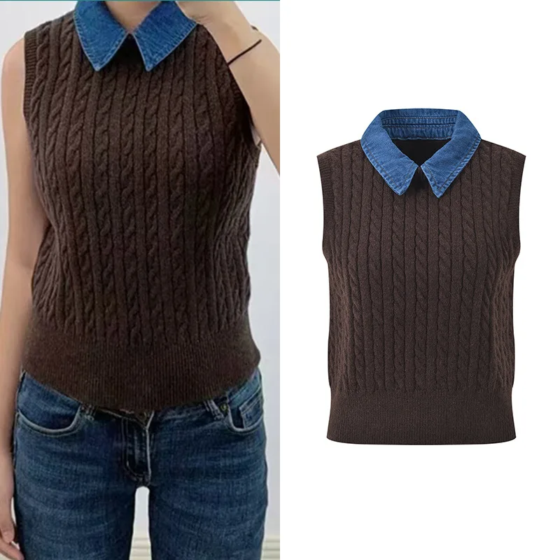 

Осень 2024, модный вязаный жилет, витой дизайн, джинсовый воротник, облегающий женский топ с яркими зубьями