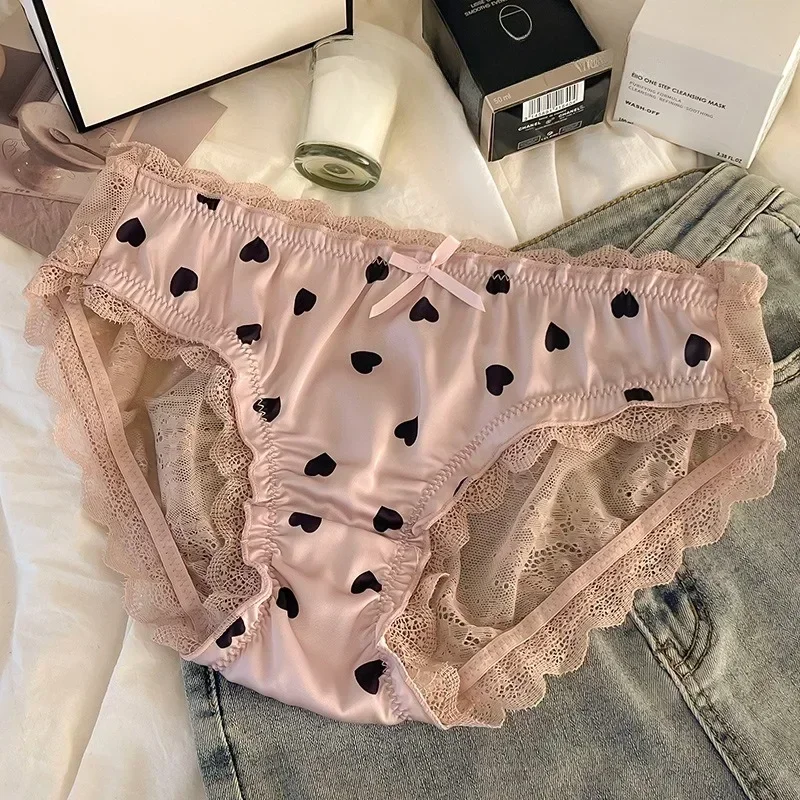 Calcinha de renda de cetim puro japonês feminino cintura baixa hip lift doce menina amorosa sexy briefs algodão topo lolita lingerie tanga