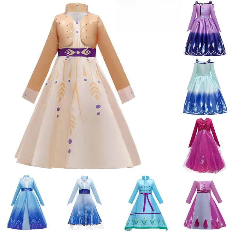 Vestido de Princesa Anna Elsa para Meninas, Estilo Doce, Cintura Alta, Manga Longa, Gola Redonda, Saia de Princesa para Crian...