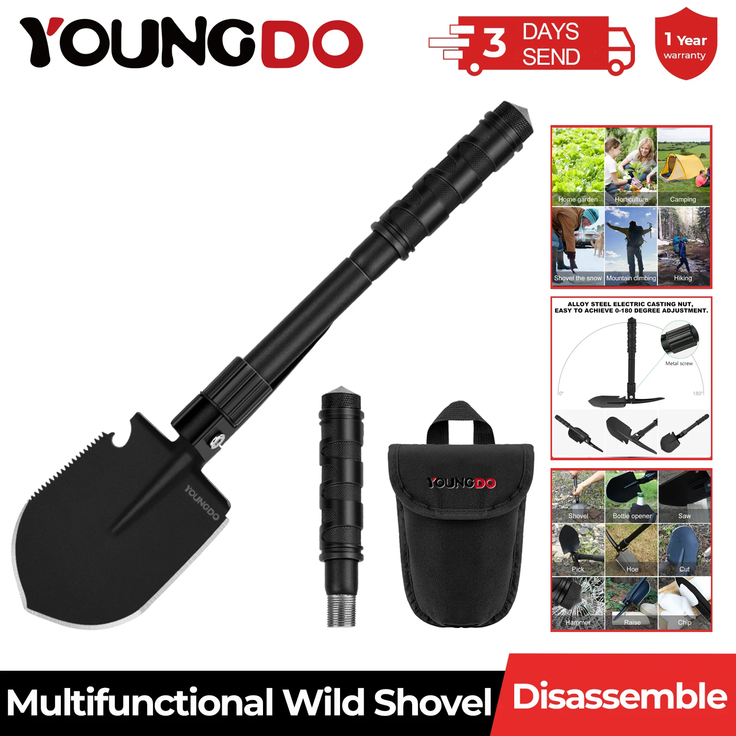 YOUNGDO Multifunctional Garden Shovel for Camping Fishing Wild Survival Tactical Spade Saws Outdoor Hiking Tools Pickaxe Digging